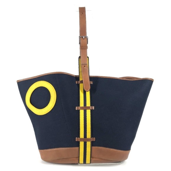 HERMES Sac Camay MM Shoulder Tote Bag Bucket Shape Felt Leather Women's Navy - Picture 1 of 10